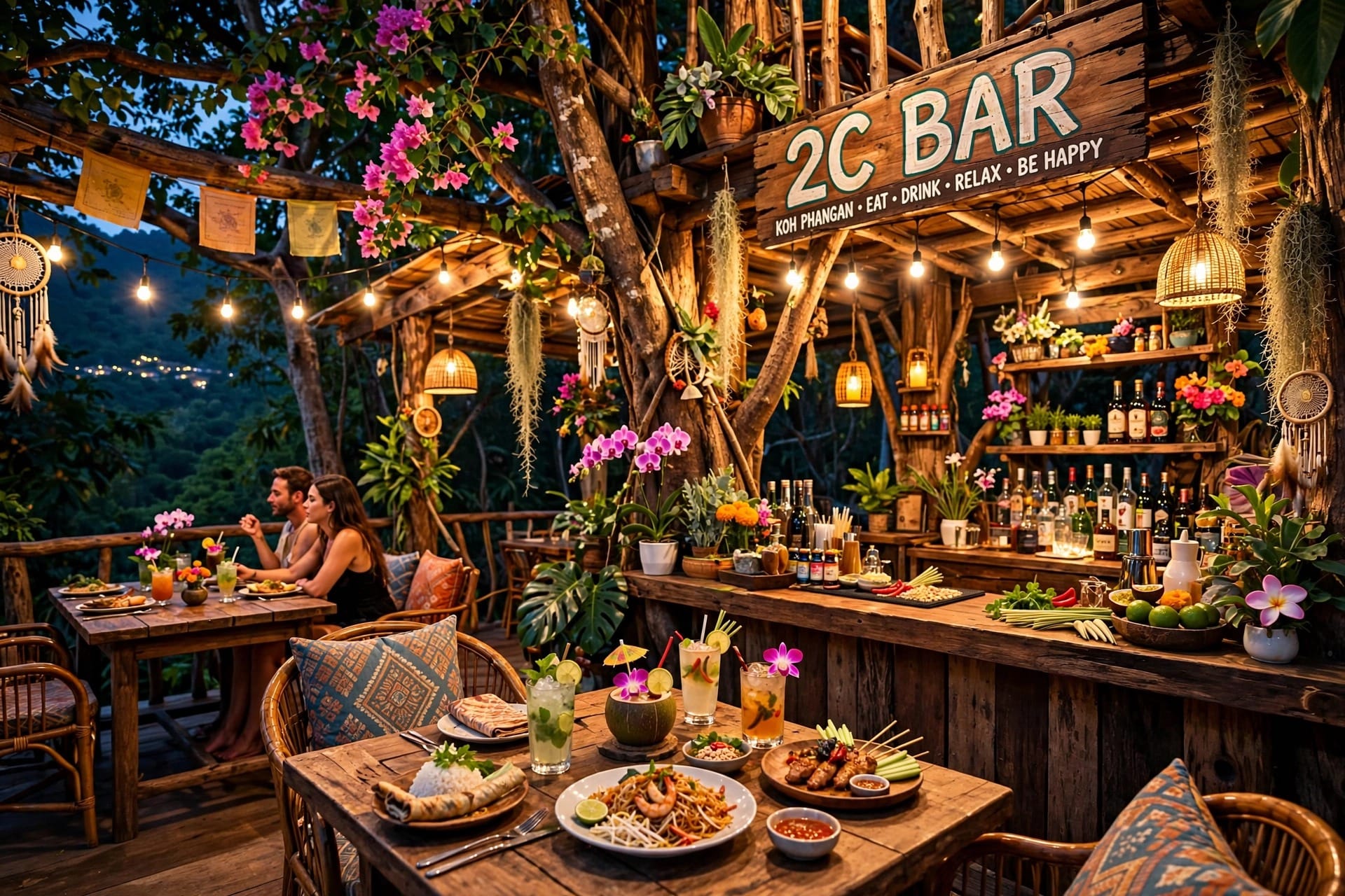 2C Bar night atmosphere with food and cocktails
