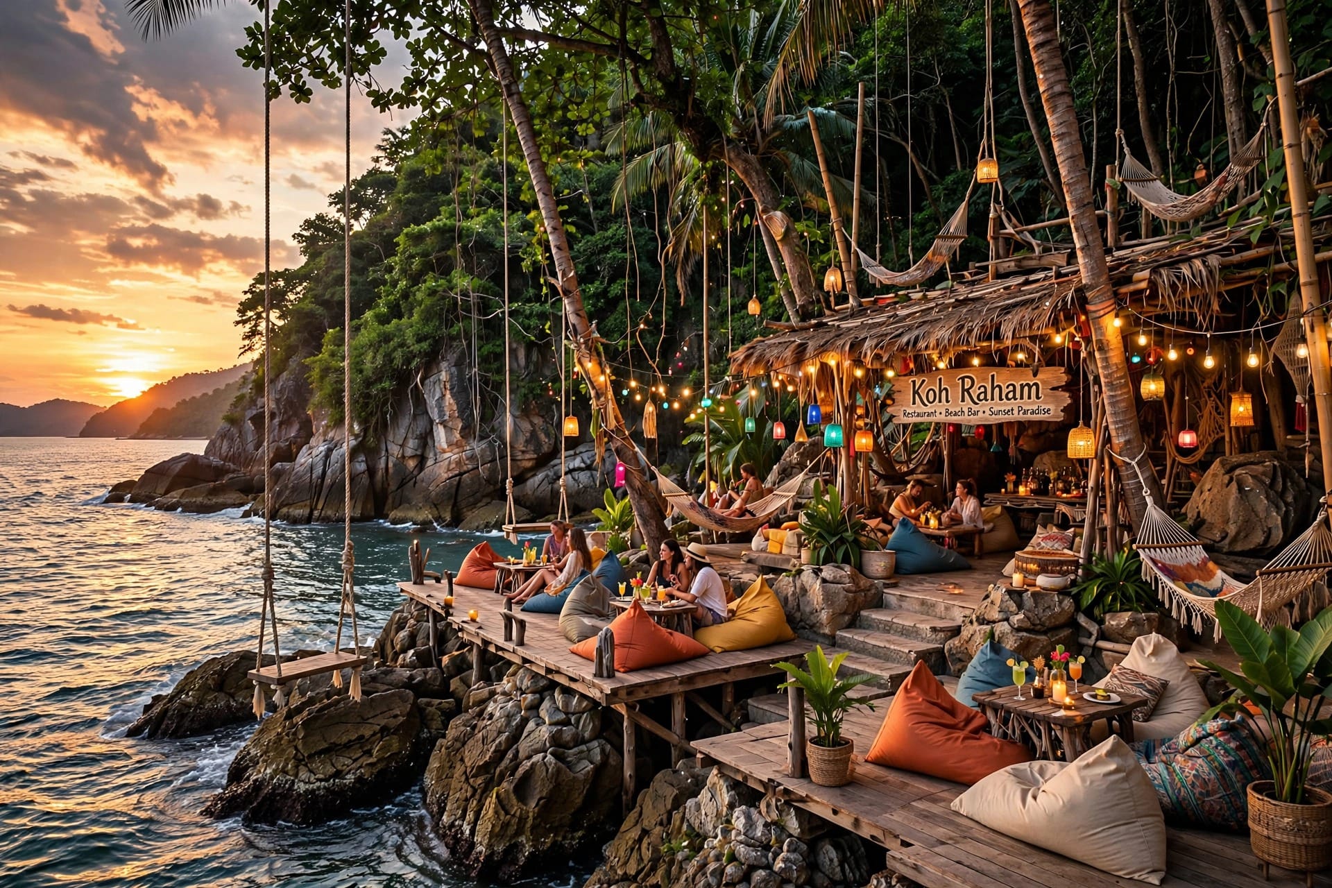 Koh Raham cliffside restaurant sunset swings