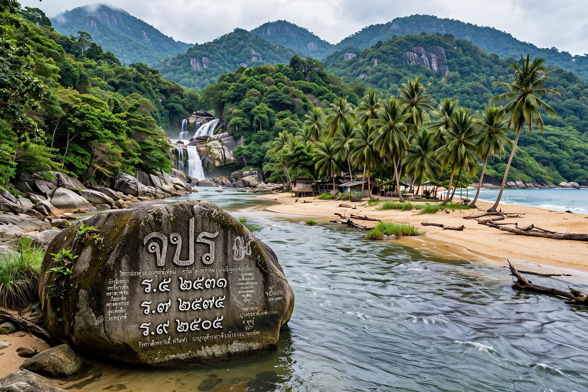 Than Sadet river estuary and beach where waterfall meets sea